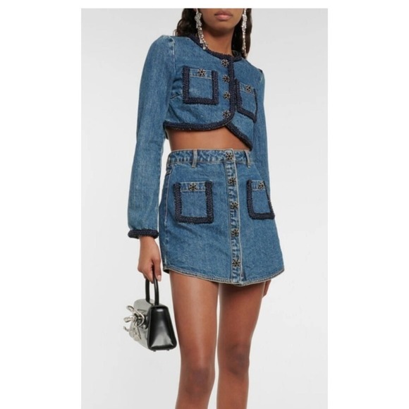 Self Portrait Skirt Button Front Pockets Embellished Blue Jean Skirt - Picture 5 of 16